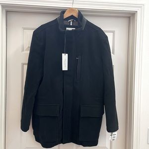 New with tags mens cole haan black jacket size L, leather trim around neck